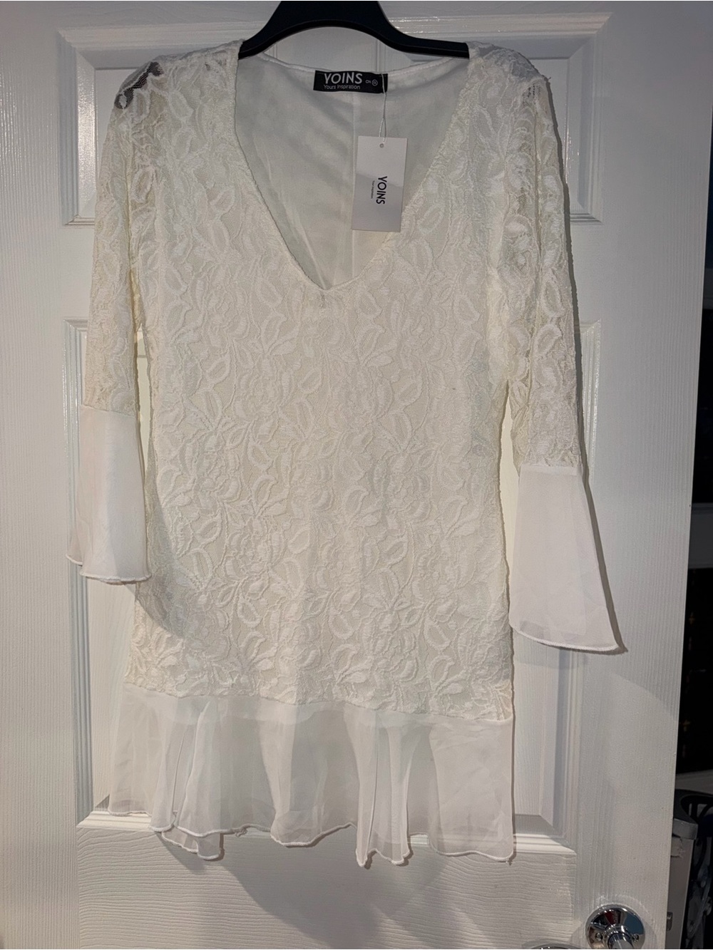 YOINS Ivory Lace V-Neck Long Sleeve Dress with Sheer Ruffle Hem